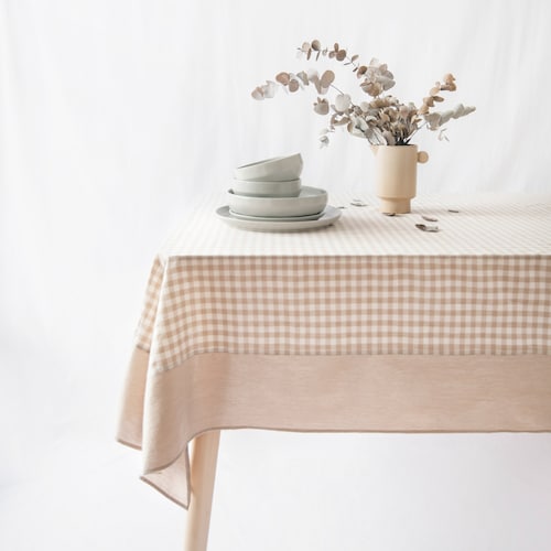 Nappe Guaria - Nappe en coton délavé à la pierre rustique pour pique-nique de ferme à carreaux (beige)