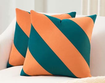 Montezuma Set – Pack of 2 Decorative Diagonal Striped Throw Pillow Covers (Coral/Dark Teal)