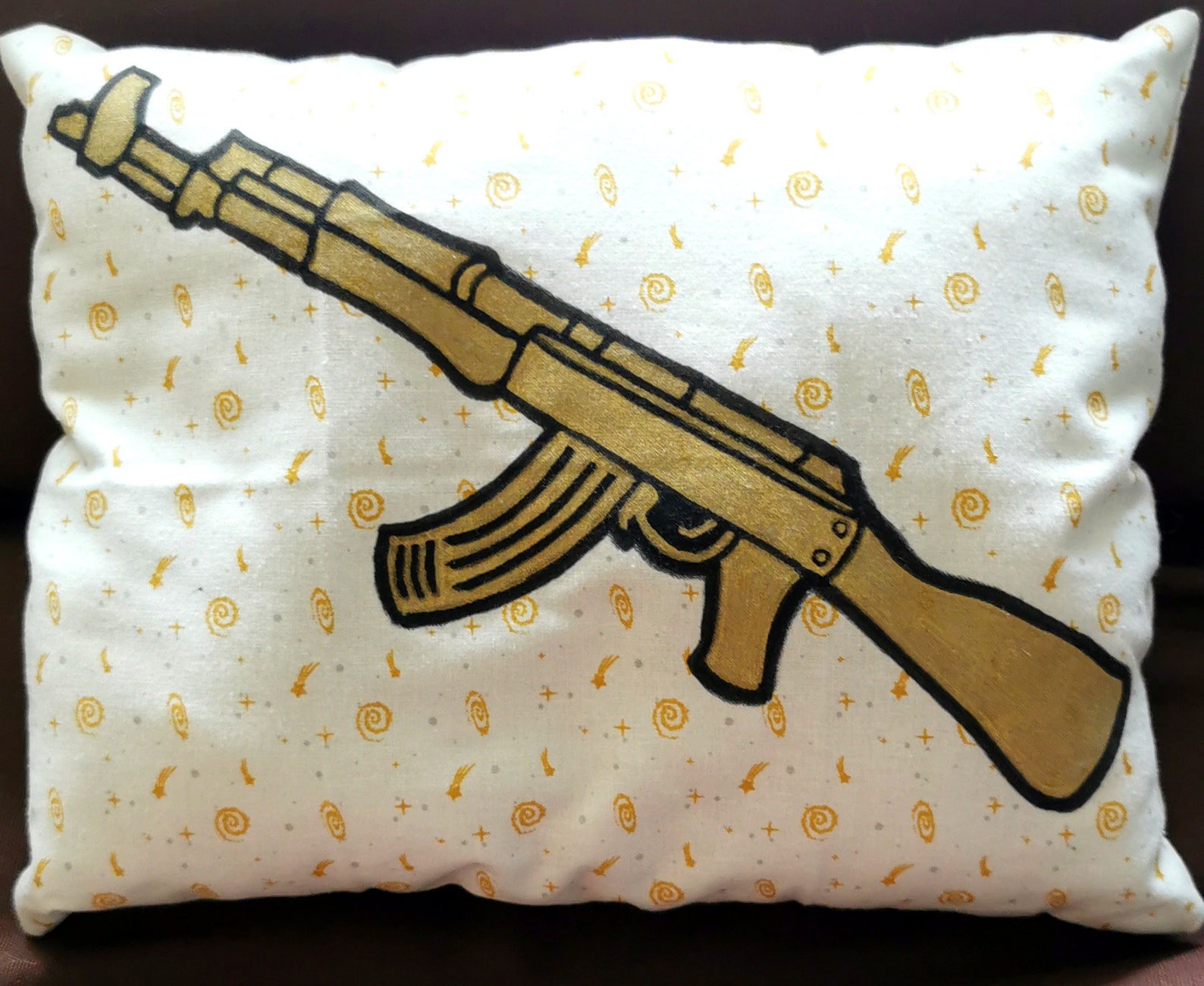 Handmade and handpainted decorative pillow with gun/ AK47. Etsy