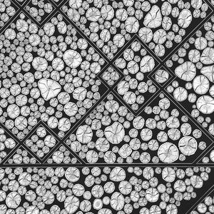 May include: A black and white graphic pattern featuring a repeating geometric grid filled with numerous circular cross-sections of tree logs. Each circle displays detailed wood grain rings, creating a dense, textured, and monochromatic visual effect.
