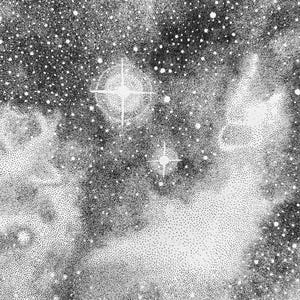 May include: A black and white stippled illustration depicting a dense star field. The artwork uses varying densities of ink dots to create nebulous clouds and bright, four-pointed stars of different sizes against a dark, textured background.