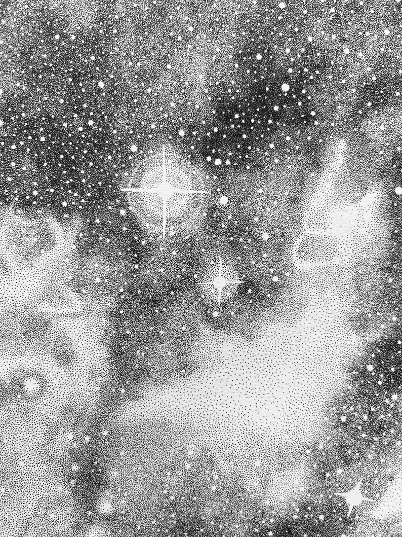 May include: A black and white stippled illustration depicting a dense star field. The artwork uses varying densities of ink dots to create nebulous clouds and bright, four-pointed stars of different sizes against a dark, textured background.