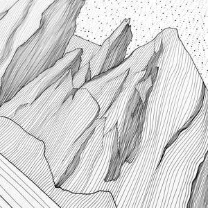 May include: A black and white line art illustration depicting a mountain range with jagged peaks and steep slopes. The drawing uses fine, parallel vertical lines to create texture and depth, set against a background of dense, scattered black dots.