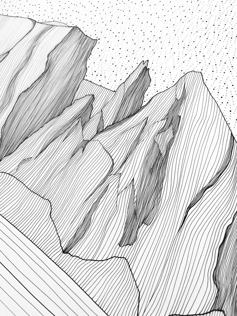 May include: A black and white line art illustration depicting a mountain range with jagged peaks and steep slopes. The drawing uses fine, parallel vertical lines to create texture and depth, set against a background of dense, scattered black dots.
