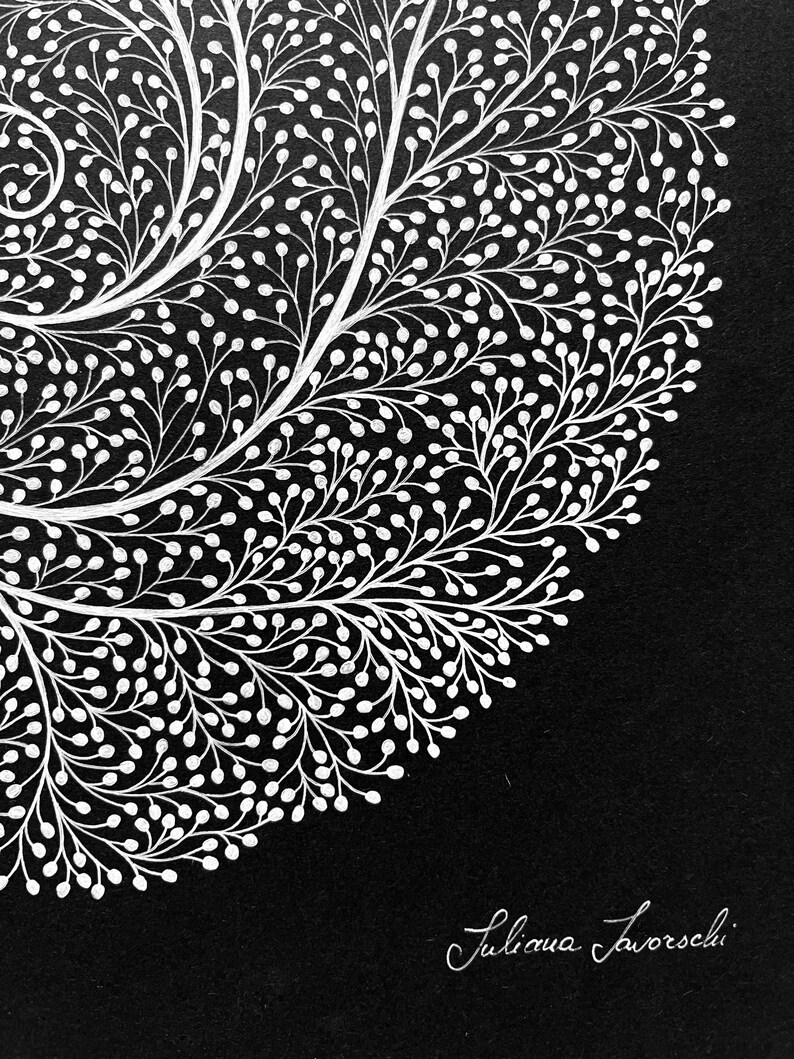 May include: A black and white illustration featuring a dense, intricate pattern of white branching lines with small circular buds on a solid black background. The artwork includes the signature Juliana Favorschi in white script in the bottom corner.