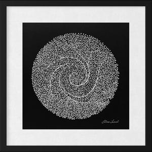 May include: A framed square artwork featuring a white circular design composed of intricate, branching, tree-like patterns on a solid black background. The design spirals toward the center. A signature is visible in the bottom right corner.