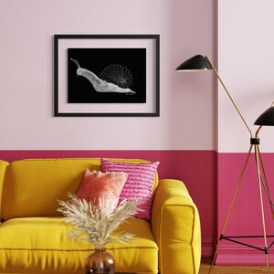 May include: A rectangular black frame containing a white line art illustration of a snail on a black background. The snail features a detailed shell with radiating lines and a textured body. The artwork is displayed in a simple, thin black frame.