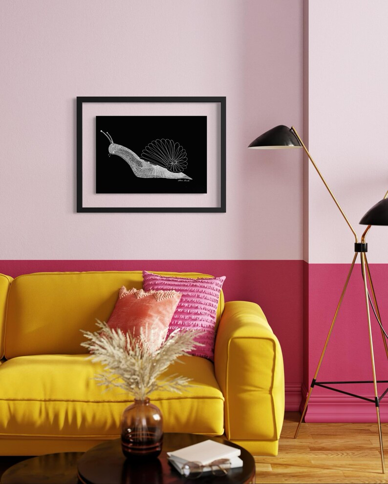 May include: A rectangular black frame containing a white line art illustration of a snail on a black background. The snail features a detailed shell with radiating lines and a textured body. The artwork is displayed in a simple, thin black frame.