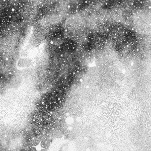 May include: A black and white stippled illustration featuring a dense field of dots creating a galaxy-like effect. The artwork uses varying concentrations of black ink dots on a white background to form nebulous clouds and bright star clusters.