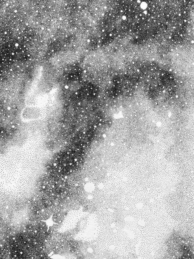 May include: A black and white stippled illustration featuring a dense field of dots creating a galaxy-like effect. The artwork uses varying concentrations of black ink dots on a white background to form nebulous clouds and bright star clusters.