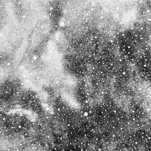 May include: A black and white stippled illustration depicting a dense star field. The artwork uses varying densities of small black dots on a white background to create the appearance of a vast galaxy with bright, clear star clusters.
