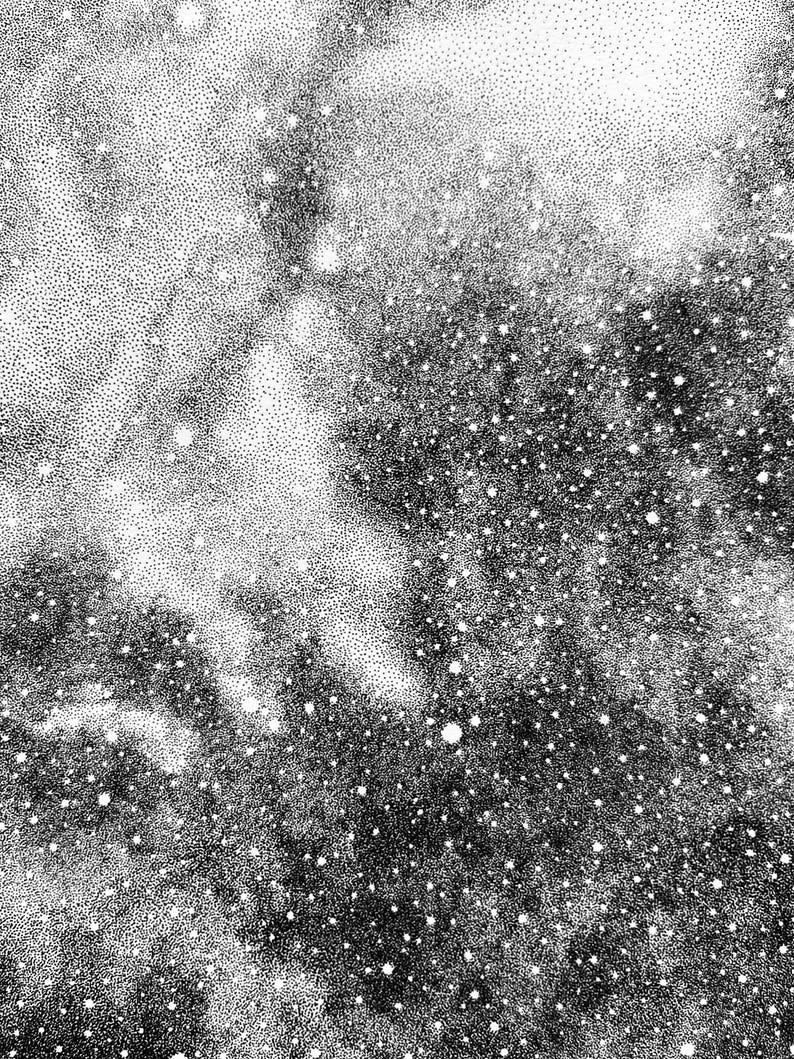 May include: A black and white stippled illustration depicting a dense star field. The artwork uses varying densities of small black dots on a white background to create the appearance of a vast galaxy with bright, clear star clusters.