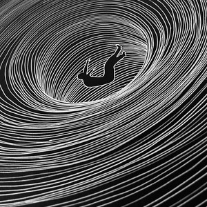 May include: A black and white graphic print featuring a silhouette of a person falling into a deep, swirling vortex. The composition is defined by numerous concentric white lines on a solid black background, creating a sense of depth and motion.