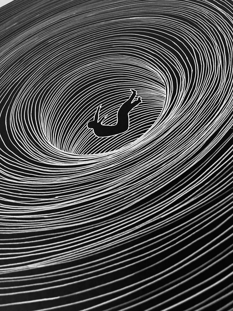 May include: A black and white graphic print featuring a silhouette of a person falling into a deep, swirling vortex. The composition is defined by numerous concentric white lines on a solid black background, creating a sense of depth and motion.