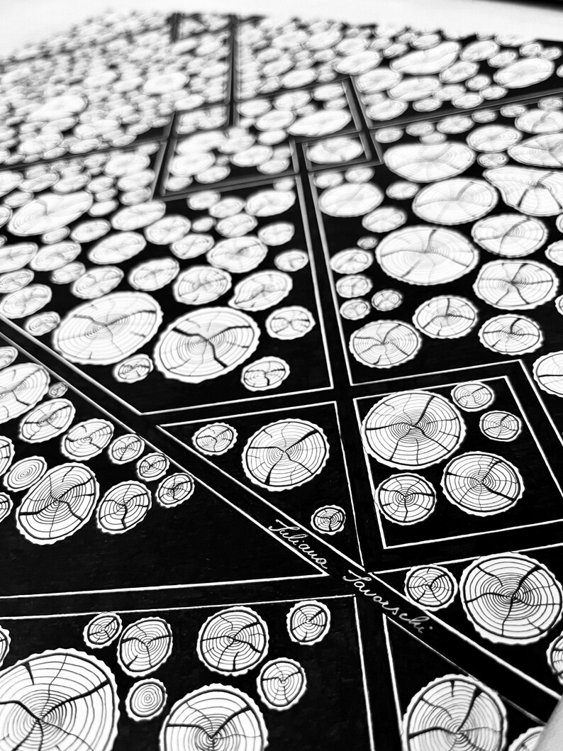 May include: A black and white ink drawing featuring a geometric pattern of interconnected squares and triangles filled with detailed illustrations of tree cross-sections. The artwork includes the signature Juliana Favorski in white script.