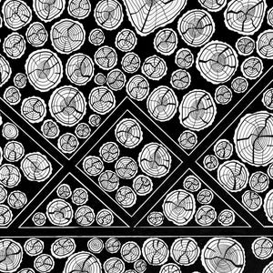 May include: A black and white graphic illustration featuring a repeating pattern of circular tree trunk cross-sections with visible growth rings. The design incorporates geometric triangular and diamond shapes filled with these wood grain motifs.