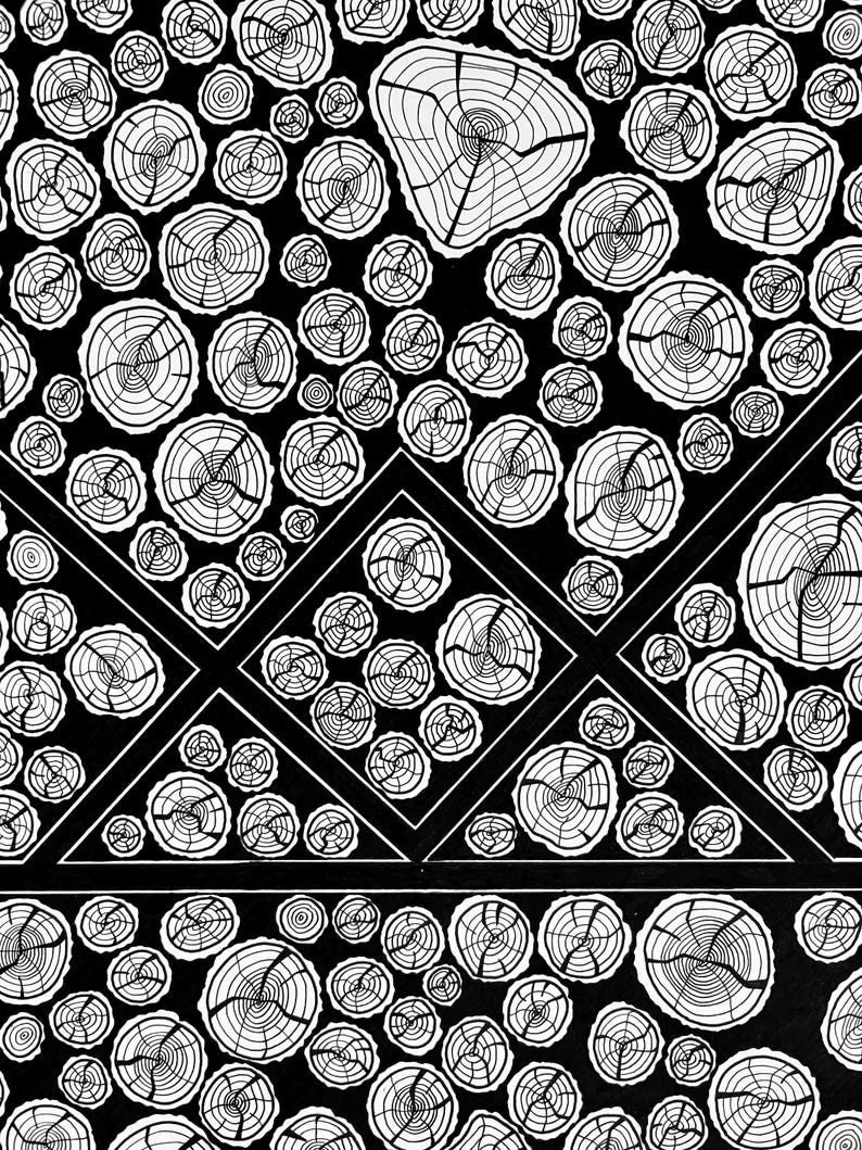 May include: A black and white graphic illustration featuring a repeating pattern of circular tree trunk cross-sections with visible growth rings. The design incorporates geometric triangular and diamond shapes filled with these wood grain motifs.