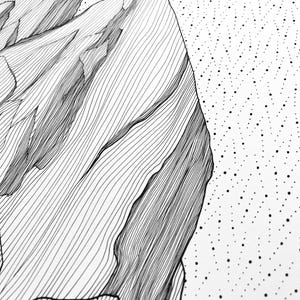 May include: A black and white ink drawing featuring a mountain landscape rendered with fine, parallel lines to create texture and depth. The sky is represented by a field of scattered black dots of varying sizes against a stark white background.