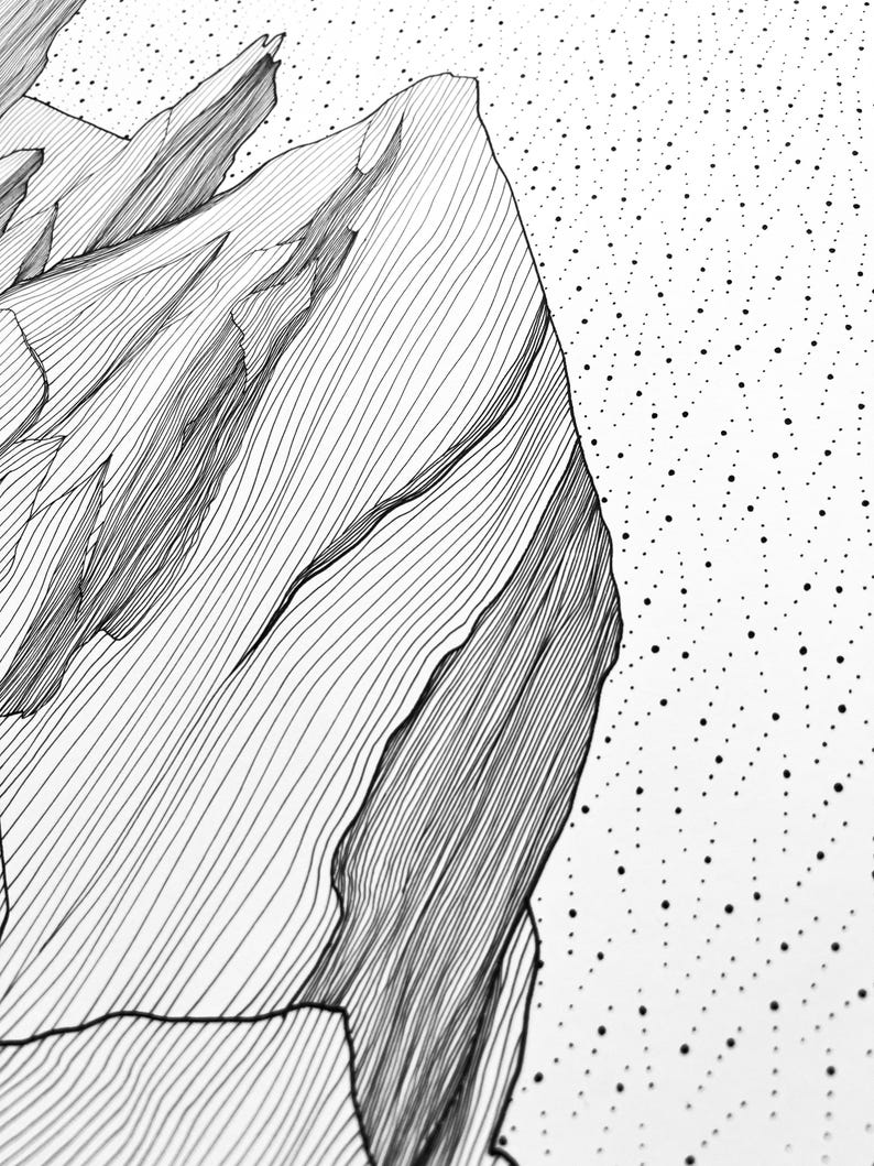 May include: A black and white ink drawing featuring a mountain landscape rendered with fine, parallel lines to create texture and depth. The sky is represented by a field of scattered black dots of varying sizes against a stark white background.
