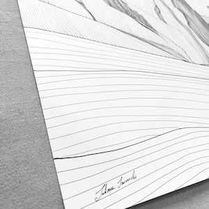 May include: A black and white ink drawing on paper featuring a landscape with rolling hills and mountain peaks rendered in fine lines and cross-hatching. The artwork includes the signature Juliana Savorschi in the bottom left corner.