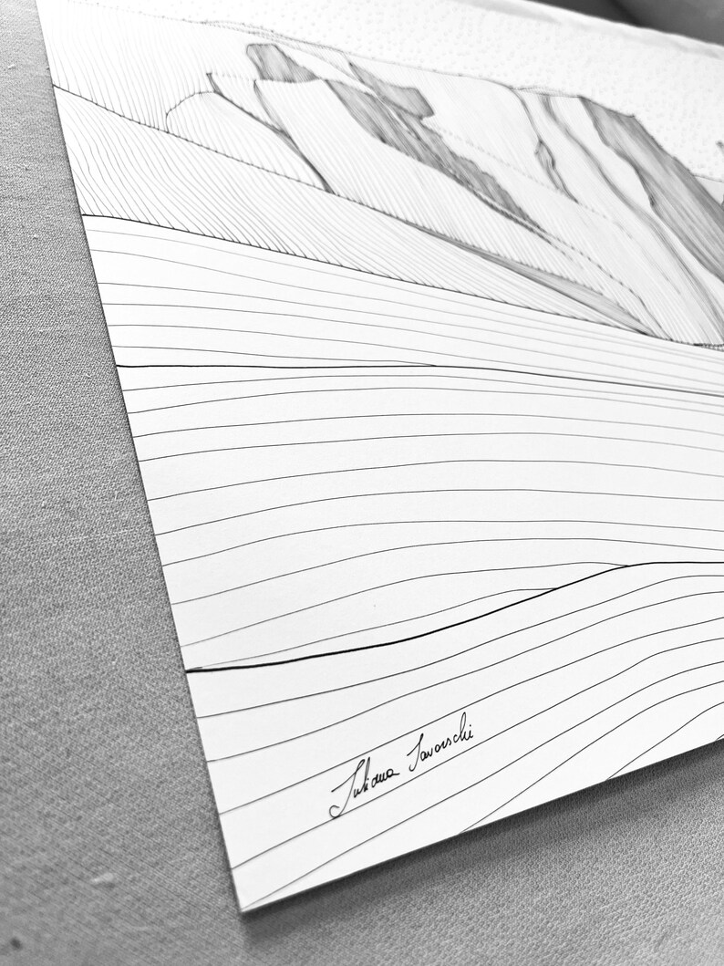 May include: A black and white ink drawing on paper featuring a landscape with rolling hills and mountain peaks rendered in fine lines and cross-hatching. The artwork includes the signature Juliana Savorschi in the bottom left corner.
