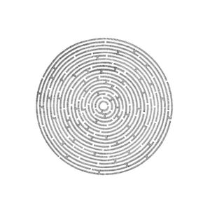 May include: A circular maze illustration featuring a series of concentric rings with black lines and white pathways. The design is composed of intricate, hand-drawn style markings that form a complex puzzle pattern centred on a small open circle.