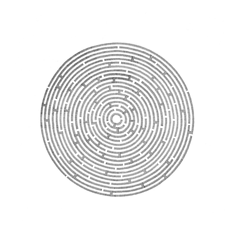May include: A circular maze illustration featuring a series of concentric rings with black lines and white pathways. The design is composed of intricate, hand-drawn style markings that form a complex puzzle pattern centred on a small open circle.