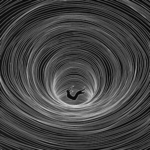 May include: A black and white illustration featuring a silhouette of a person falling into a deep, swirling vortex of concentric white lines on a black background. The artist's signature, Juliana Tavouschi, is visible in the bottom left corner.