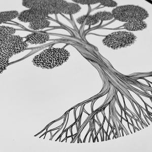 May include: A black and white ink drawing on paper featuring a tree with an expansive root system and a dense canopy of leaves. The artwork utilizes fine, intricate lines to define the texture of the bark, the sprawling roots, and the foliage.