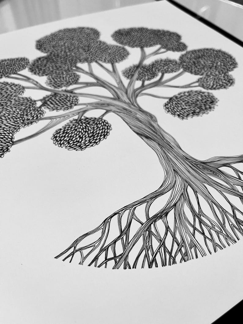 May include: A black and white ink drawing on paper featuring a tree with an expansive root system and a dense canopy of leaves. The artwork utilizes fine, intricate lines to define the texture of the bark, the sprawling roots, and the foliage.