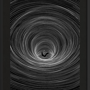 May include: A framed wall art print featuring a black background with numerous concentric white circular lines creating a tunnel effect. In the center of the vortex, a small black silhouette of a person appears to be falling into the deep abyss.