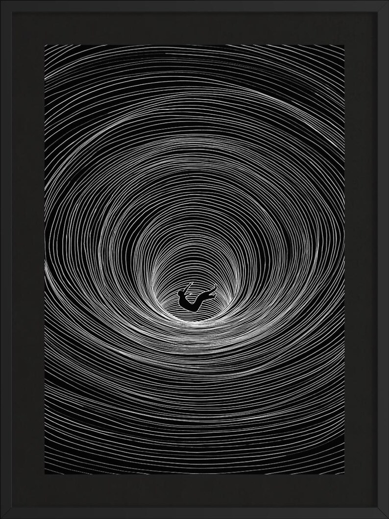 May include: A framed wall art print featuring a black background with numerous concentric white circular lines creating a tunnel effect. In the center of the vortex, a small black silhouette of a person appears to be falling into the deep abyss.