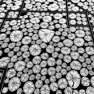 May include: A black and white graphic print featuring a repeating pattern of circular tree ring cross-sections. The design is organized into geometric sections with thin white lines separating the clusters of various sized wood grain circles.