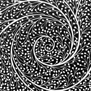 May include: A black and white graphic illustration featuring a dense, swirling spiral pattern composed of thin, interconnected white lines that branch out into numerous small, rounded, berry-like shapes against a solid black background.