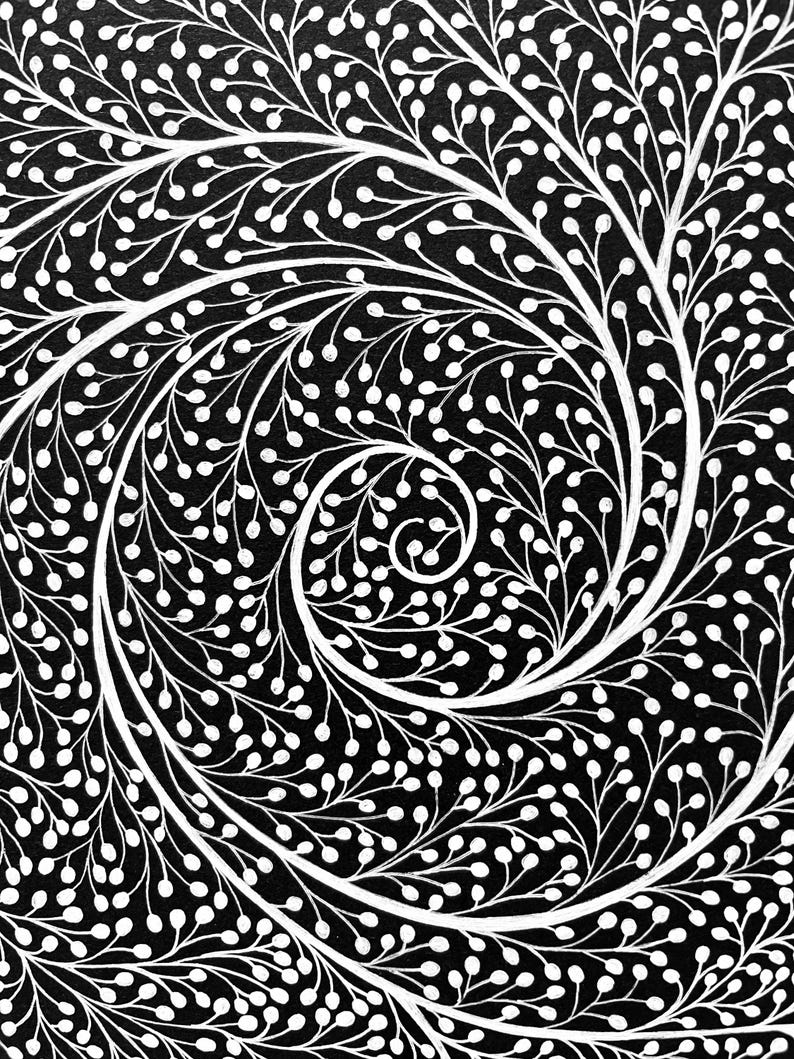 May include: A black and white graphic illustration featuring a dense, swirling spiral pattern composed of thin, interconnected white lines that branch out into numerous small, rounded, berry-like shapes against a solid black background.