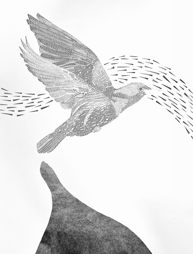 K&ouml;nnte beinhalten: Eine schwarz-wei&szlig;e Punktillustration eines Vogels im Flug &uuml;ber einer dunklen, massiven dreieckigen Form. Der Vogel ist mit dichten Punktmustern dargestellt, und kleine schwarze dreieckige Markierungen umgeben den Vogel, um Bewegung anzudeuten.