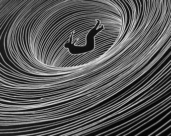 Framed Black Hole Art with Falling Human Figure, Event Horizon Space Artwork, Modern Minimalist Wall Decor, Sci-Fi Cosmic Framed Print
