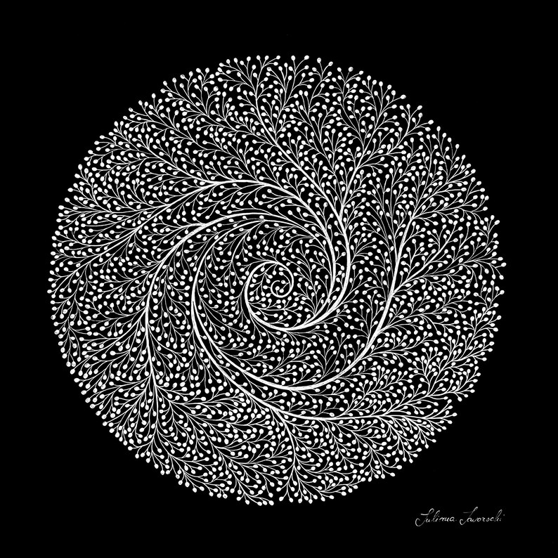May include: A circular graphic illustration featuring a dense, white, branching fractal pattern that spirals outward from the center against a solid black background. The intricate design resembles organic coral or tree-like structures.