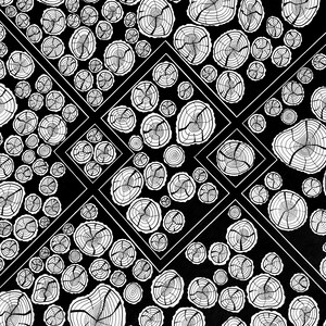 May include: A black and white graphic pattern featuring numerous circular tree ring cross-sections of varying sizes. The design is organized into a geometric grid with thin white lines forming diamond and square shapes across the surface.