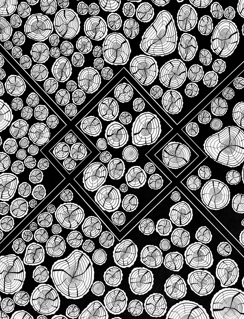 May include: A black and white graphic pattern featuring numerous circular tree ring cross-sections of varying sizes. The design is organized into a geometric grid with thin white lines forming diamond and square shapes across the surface.