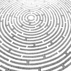 May include: A circular maze illustration composed of numerous short, vertical black ink lines arranged in concentric rings on a white background. The pattern creates a complex path structure with a clear centre point and radiating circular walls.