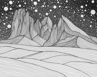 Seiser Alm – Canvas Print, Stars and Mountain, Black and White