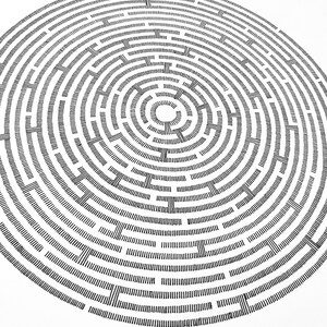 May include: A circular maze illustration composed of black ink lines on a white background. The design features concentric rings of short, vertical dashes separated by gaps, creating a complex path structure that radiates from a central white circle.