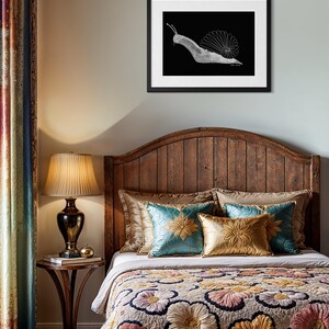 May include: A framed wall art print featuring a white line drawing of a snail on a solid black background. The snail has a detailed shell and extended antennae. The artwork is enclosed in a simple black frame with a white mat border.