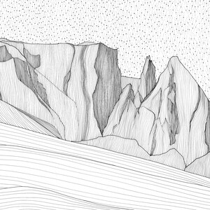 May include: A black and white ink drawing of a mountain range featuring jagged peaks and steep cliffs. The artwork utilises fine lines to create texture and depth, with a stippled sky background and a signature in the bottom left corner.