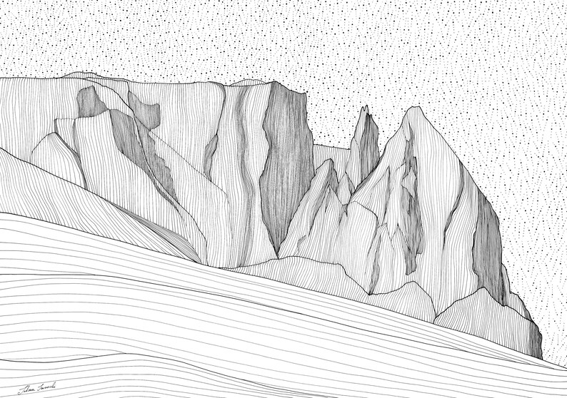 May include: A black and white ink drawing of a mountain range featuring jagged peaks and steep cliffs. The artwork utilises fine lines to create texture and depth, with a stippled sky background and a signature in the bottom left corner.