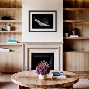 May include: A framed black and white art print featuring a stylised snail illustration with a circular shell pattern, displayed on a wall above a fireplace. The artwork is enclosed in a simple black frame with a white mat border, centred on the wall.