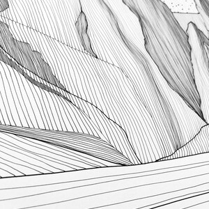 May include: A black and white ink drawing featuring a mountain range rendered with fine, parallel lines. The composition includes jagged peaks and steep slopes, with a stippled sky area and a foreground of horizontal lines representing flat terrain.