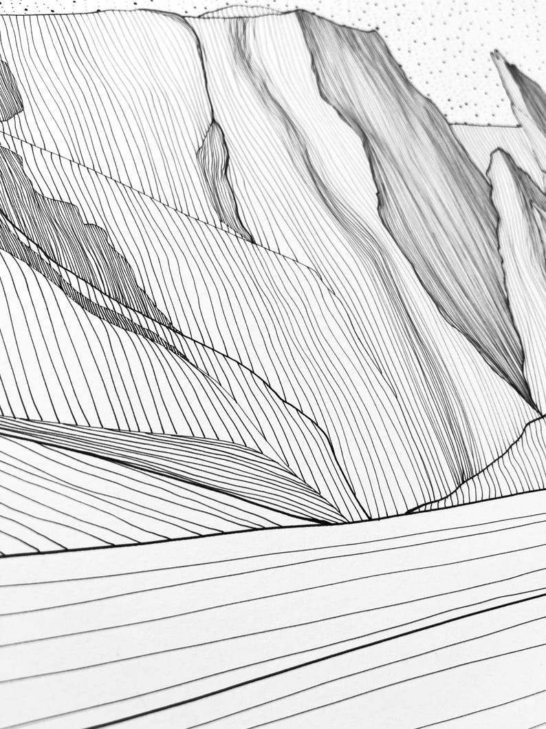 May include: A black and white ink drawing featuring a mountain range rendered with fine, parallel lines. The composition includes jagged peaks and steep slopes, with a stippled sky area and a foreground of horizontal lines representing flat terrain.