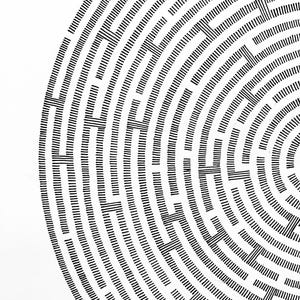 May include: A circular maze pattern composed of black ink lines on a white background. The design features concentric rings interrupted by vertical segments, creating a complex path structure that radiates from the centre towards the outer edge.